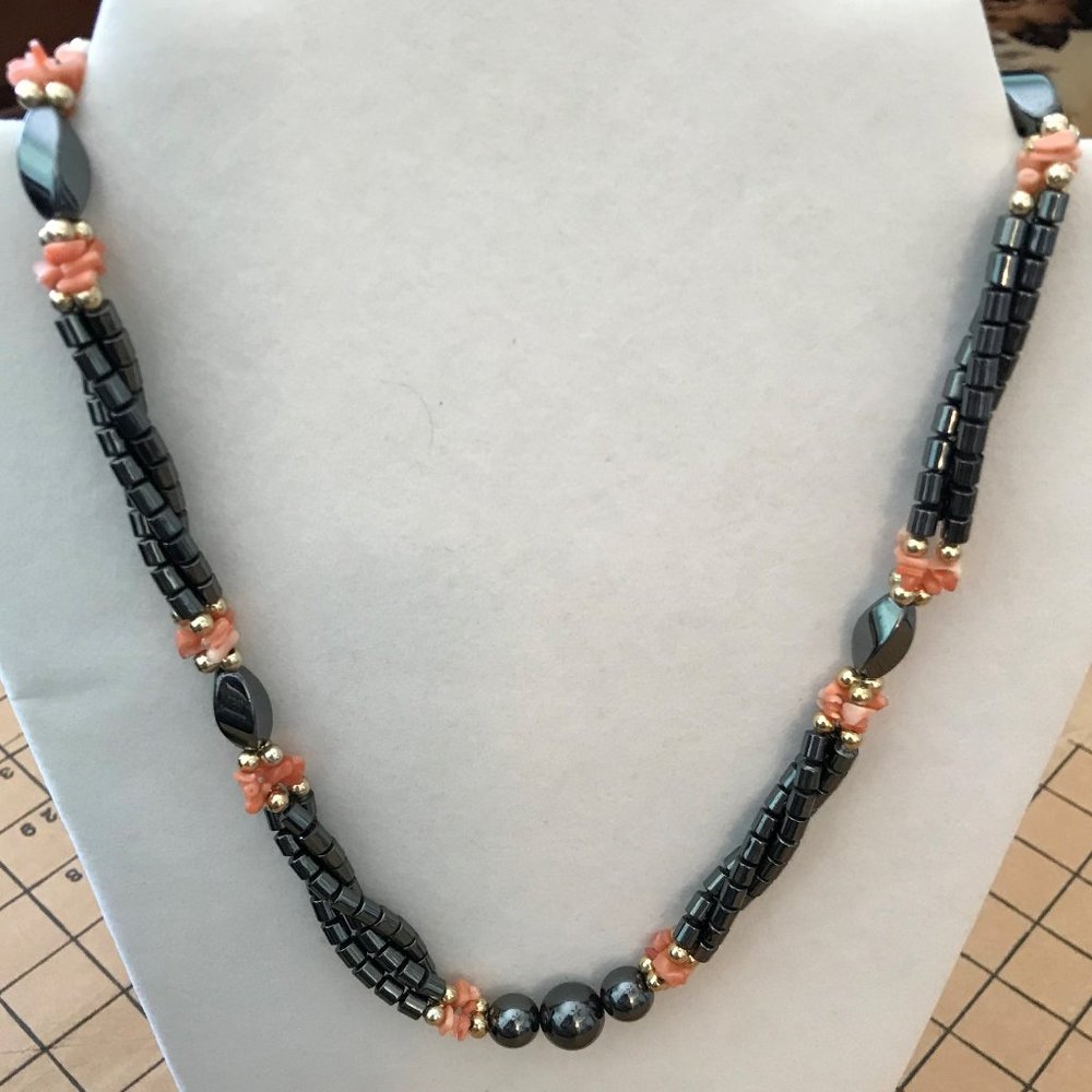 Hematite and Salmon colored Coral Necklace